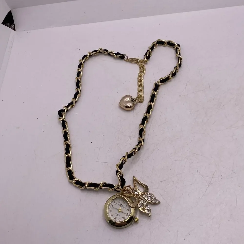 Womens Gold Tone Butterfly Leather Necklace Watch New Battery